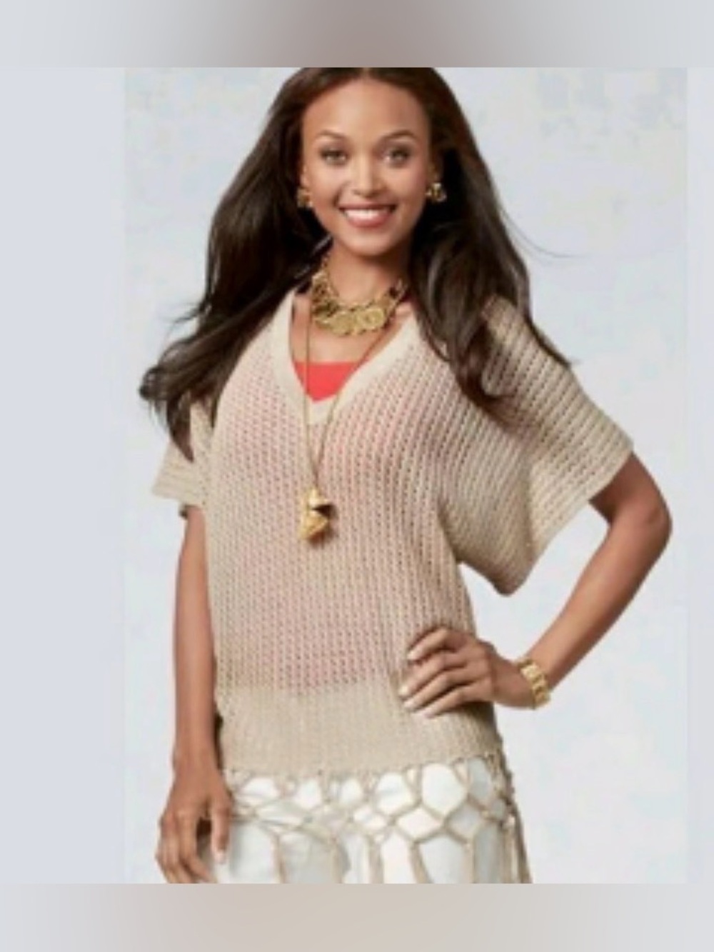 CAbi Boho Chic Fling Fringe Pullover Sweater #292 Medium Open Knit Dolman Sleeve